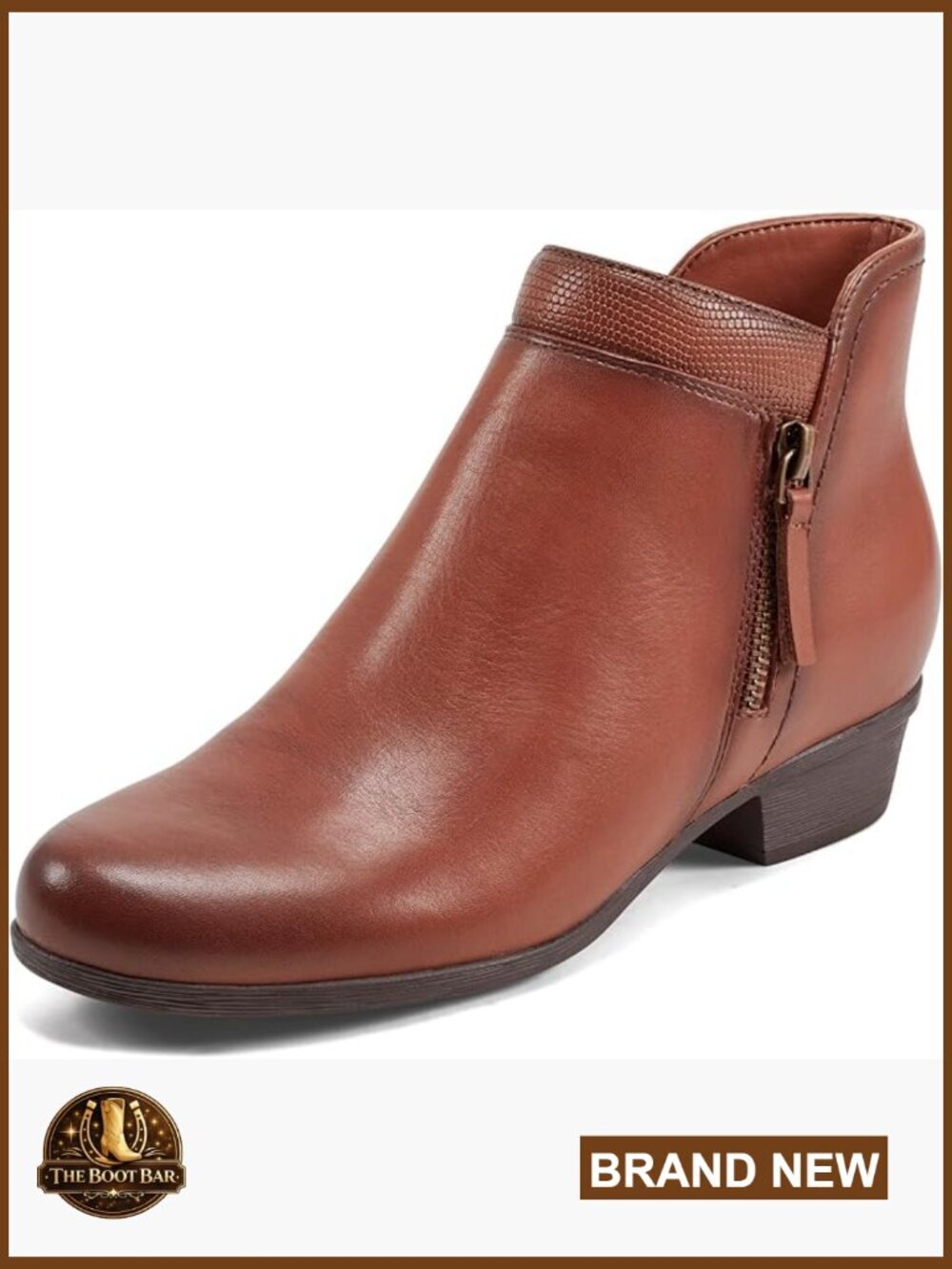 Women's Leather Ankle Booties with Side Zipper, Block Heel, Cushioned Comfort
